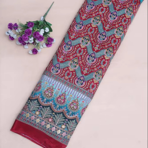 Tissu en crêpe naturel marron à imprimé floral géométrique ethnique avec bordure ornementale épaisse pour la confection de robes Kurti - Product Image 4