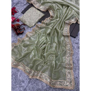 Seda de tejido Hermosa secuencia y trabajo de bordado con espejo de mano real y borde de encaje de perlas Sari - Product Image 1