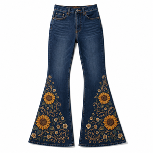 Jean évasé taille haute pour femme, motif floral, denim vintage foncé, style streetwear décontracté, respirant, OEM ODM - Product Image 3