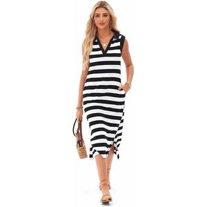 Abito Lungo Estivo da Donna 2025 Senza Maniche con Scollo a V, Vestito Casual a Righe con Tasche, Nero XL - Product Image 3