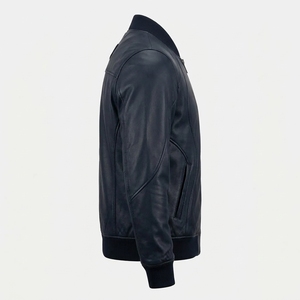 Chaqueta Bomber de Cuero Genuino Azul Marino para Hombre, Forro Acolchado Cálido, Puños de Punto Acanalado, Logotipo en Relieve, Fabricante OEM Personalizado - Product Image 3