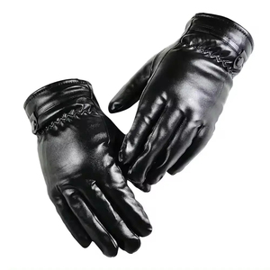Gants de vélo en cuir noir, longueur poignet, doublure thermique, pour sports de plein air, hiver, usage quotidien décontracté - Product Image 1