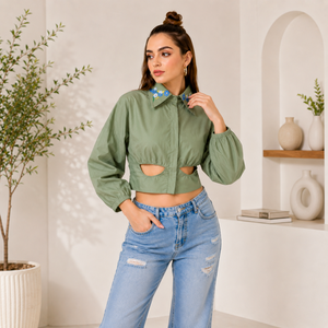 Women's Green Cotton Poplin Floral Print Embroidered Cut-Out <b>Balloon</b> Sleeve Crop Blouse Mandarin Collar Casual Spring Summer Top - Product Image 1