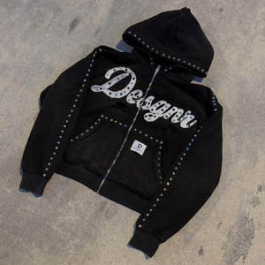**Custom Women’s Vintage Wash Rhinestone Zip Hoodie Cropped Streetwear Jacket Distressed Hem Studded Graphic Hoodie OEM Hoodies - Product Image 3