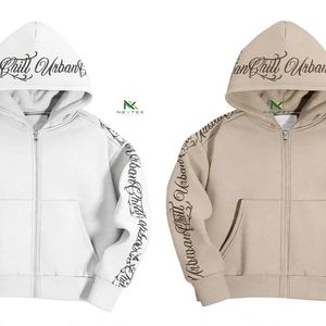 Custom <b>Grey</b> Urban Chill Calligraphy Sleeve Print Zip Up Hoodie <b>Men's</b> Streetwear Fleece <b>Sweatshirt</b> Embroidered Logo OEM Wholesale - Product Image 1