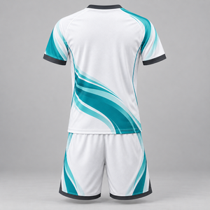 Uniforme de football blanc et turquoise personnalisable, logo personnalisé, maillot de football sublimé, shorts, vêtements de sport d'équipe - Product Image 2