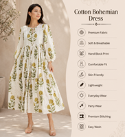 Robe Kaftan Midi à Col en V et Manches Longues en Coton 100% Imprimé Floral de Jaipur, Coupe Classique Bohème Naturelle Respirante pour Femme, Idéale pour l'Été
