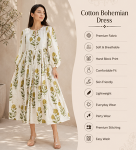 Jaipuri Block Print Floral 100% Cotton Midi <b>Kaftan</b> Dress Women Regular Fit Bohemian Natural Breathable <b>Summer</b> Beach Resort Wear - Product Image 2