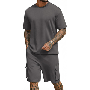 Conjunto de Camiseta de Cuello Redondo de Algodón de Color Sólido para Hombre con Pantalones Cortos Cargo, Atuendo Casual de Verano, Tejido de Punto Transpirable - Product Image 6