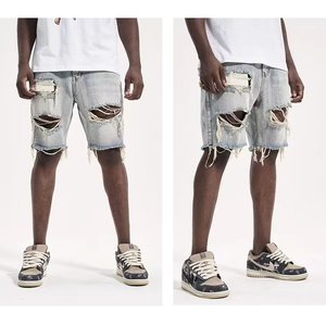 <b>Mens</b> Light Blue Denim Shorts Distressed Ripped Frayed Hem White Paint Splatter Five Pocket Style Casual Summer Streetwear Jorts - Product Image 2