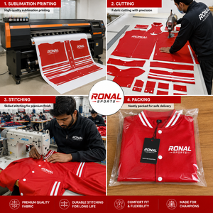 เสื้อแจ็คเก็ตวาร์ซิตี้สีแดงสำหรับผู้ชาย RONAL SPORTS พร้อมแถบสีขาวและโลโก้พิมพ์ด้านหลัง ทรงปกติ คอปกพับ ปิดด้วยซิป - Product Image 5