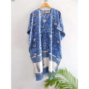 Vestido Kaftán de Algodón con Estampado Artesanal, Cuello en V, Mangas Murciélago, Cordón Ajustable, Estilo Boho, Túnica Holgada para la Playa, Vacaciones de Verano - Product Image 4