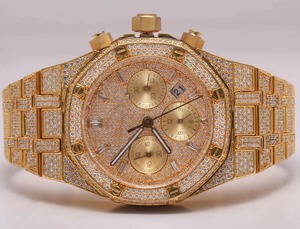 Yellow Gold Octagon Chronograph Watch With Diamond Encrusted Dial And <b>Bracelet</b> 41mm Analog Quartz unisex Timepiece - Product Image 1