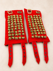 5 Line Brass Ghungroo Anklets with Red Velvet Strap for Classical Dance (Pair) - Product Image 1