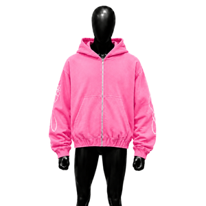 Nouveau sweat à capuche rose premium zippé, coupe décontractée, respirant, en coton doux, style hiver avec motif sur les manches - Product Image 1
