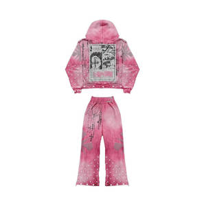 Ensemble deux pièces vintage personnalisé pour homme : sweat à capuche imprimé strass et pantalon de jogging évasé délavé à l'acide - Product Image 2