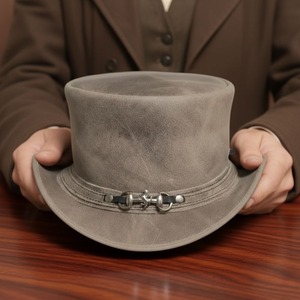 Handcrafted Distressed Brown Leather Top <b>Hat</b> Unique Steampunk Cowboy Westerns Style - Product Image 3