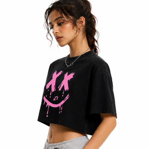 T-shirt court noir délavé pour femme, style Y2K Streetwear, avec logo personnalisé, coupe oversize graphique et carrée, en coton, haut de mode estival, chemises pour femmes - Product Image 3