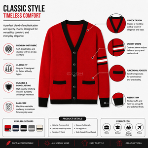 Cardigan en acrylique personnalisé avec logo Cosh International, tricoté pour les sororités, pull rouge avec bordure noire et rayures blanches - Product Image 6
