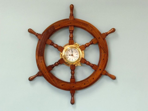 Horloge murale nautique de luxe en bois et laiton, 24 pouces, grande horloge murale maritime, design vintage de roue de bateau, décorative - Product Image 1