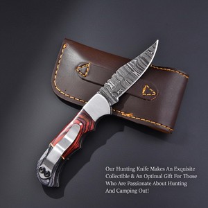 Cuchillo Plegable de Acero de Damasco Forjado a Mano con Mango de Madera Pakka y Clip de Bolsillo + Funda de Cuero, Cuchillo EDC para Caza y Camping - Product Image 3