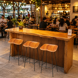 Tabouret de bar artisanal moderne et contemporain en bois de Suar massif, sans dossier, avec base métallique durable et assise courbée – Idéal pour hôtels et bars – Choix de vente en gros - Product Image 6