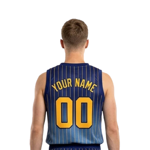 Conjunto de pantalones cortos de baloncesto para hombre, diseño degradado con rayas verticales, cuello en V, sin mangas, nombre del equipo personalizado, número, uniforme para adultos - Product Image 4