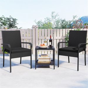 Set da bistrot in vimini PE nero a 3 pezzi con tavolino a 2 livelli in vetro temperato e sedie da esterno - Product Image 2