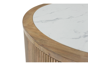 Table basse de luxe pour salon de villa, en bois d'acacia massif, forme ronde, motif linéaire, base sur piétement, plateau en marbre blanc - Product Image 5