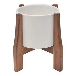 Maceta de cerámica minimalista moderna con soporte de madera para plantas verdes de interior, soporte de madera para plantas - Product Image 1