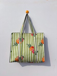 Bolsa de Mano de Algodón a Rayas Verdes con Estampado de Granada, Estilo Bohemio, Casual, con Cierre, para Compras y Viajes, para Mujer - Product Image 2