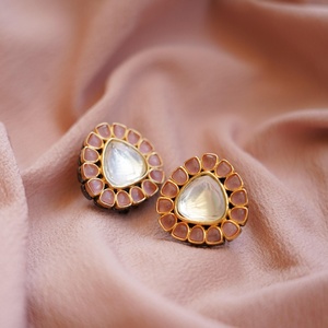 Pendientes de Oro de 22K con Incrustaciones de Polki y Cuarzo Rosa, Joyería Nupcial India, Regalo para Ella, Precio de Fábrica - Product Image 1