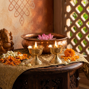 Lámparas de aceite de latón pequeñas con diseño acanalado, soporte de campana, par, artículo tradicional hindú para Pooja, acabado en oro antiguo, artículos de decoración para el templo del hogar - Product Image 2
