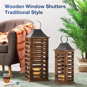 Shutter Style Farmhouse Wood Metal Candle <b>Lanterns</b> Tall Vintage Decorative Candle Holders <b>Set</b> of 2 Candle <b>Lantern</b> - Product Image 4