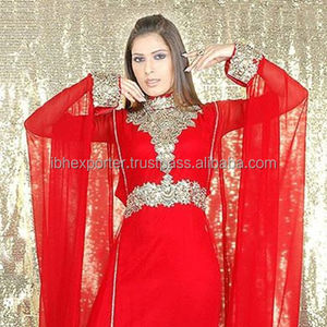 Caftán rojo completo con tela de calidad premium ligera con trabajo pesado de piedra de color plateado - Product Image 1