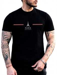 ONETEN เสื้อยืดคอกลมแขนสั้นผู้ชายสีดำปารีสไอเฟลทาวเวอร์ เสื้อยืดลำลอง - Product Image 1