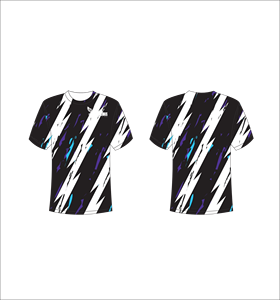 T-shirt personnalisé à manches courtes en sublimation, vêtement de sport léger avec imprimé abstrait éclair noir, blanc, bleu et violet - Product Image 1