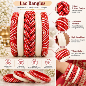 Juego de Brazaletes de Perlas de Imitación Rojas Lac con Rayas Blancas Doradas, Centro Trenzado, Joyería Étnica India Tradicional Vintage para Bodas - Product Image 6