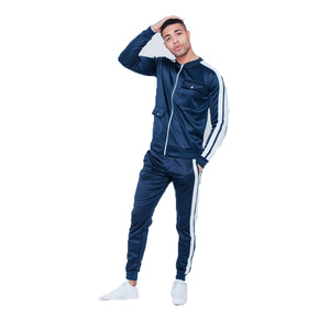 Ensemble de survêtement pour homme en polyester bleu marine respirant et léger, manches longues, fermeture éclair, poches latérales, style décontracté et sportif - Product Image 1