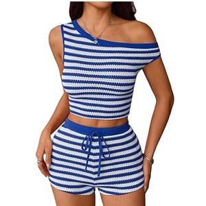 Women's Striped Knitted Crop <b>Top</b> And Shorts Set Off Shoulder Sleeveless Drawstring Waist Blue White Two Piece Outfit - Product Image 1