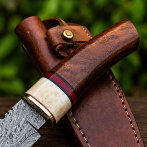 Couteau de survie extérieur artisanal Black Smith 1987 en acier Damas, manche bois et os, lame à pointe clip, longueur totale 12 pouces, étui en cuir - Product Image 4