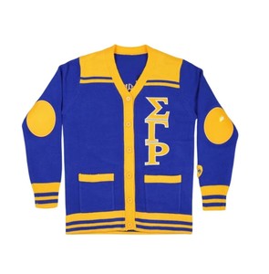 Suéter Cárdigan de Lana/Acrílico con Cuello en V y Doble Botonadura para Mujer, Color Azul Rey, Dorado, Sigma Gamma Rho, Ropa de Sororidad Griega HBCU - Product Image 2