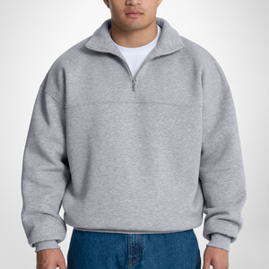 Sweat-shirt à col zippé pour homme, logo personnalisé, gris, polaire, coupe oversize, épaules tombantes, 100% coton 400g, coupe courte, vente en gros de sweats à capuche - Product Image 2