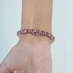 Natural Round Shape Pink Tourmaline Prong Set <b>925</b> <b>Sterling</b> <b>Silver</b> Tennis <b>Bracelet</b> For Women Party Wear Jewelry - Product Image 4