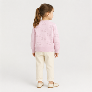 Primavera nuovo design little girls 100% cotone bel collo rotondo modello cardigan rosa ciliegia maglione - Product Image 3
