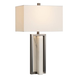 High End Marble <b>Table</b> <b>Lamp</b> With Architectural Open Frame <b>Base</b> Premium Fabric Shade And Modern Designer Elegance - Product Image 5