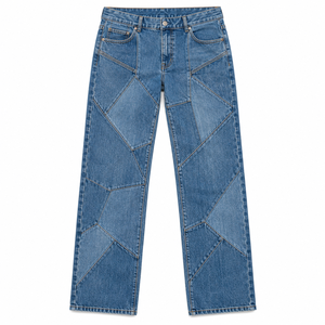 Jeans de Pierna Ancha con Costura Diagonal Azul, Pantalones de Mezclilla con Costuras en Contraste, Ropa Casual de Moda Urbana, Proveedor Mayorista de Ropa Personalizada - Product Image 2