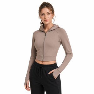 Custom <b>Womens</b> Cropped Zip-Up Hooded Breathable Streetwear Gym <b>Jacket</b> Thumbhole Yoga Activewear Private Label OEM Nylon - Product Image 1