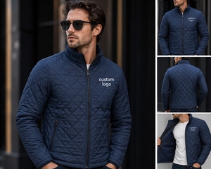 Men's Navy Quilted <b>Jacket</b> With Custom Logo Front Zipper Stand Collar Casual Autumn Wear Windproof Polyester Wadding - Product Image 4