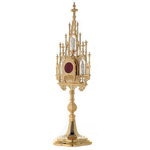 Monstrance Reliquaire Catholique Antique en Laiton Massif avec Base Ornée et Centre en Pierre Rouge, Cadeau d'Église, Bonnes Finitions - Product Image 2